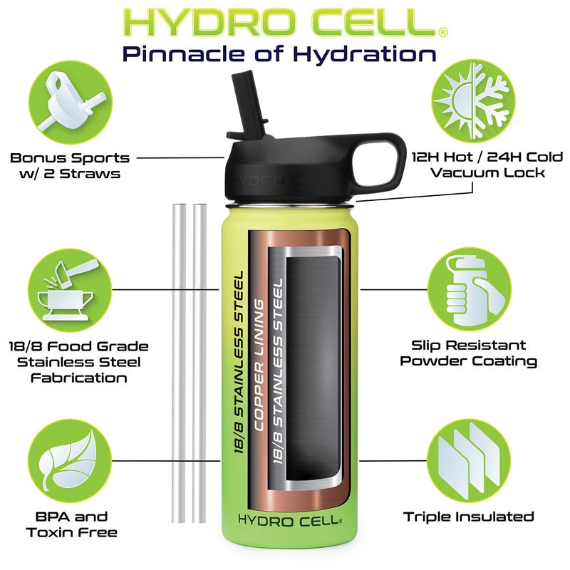 HYDRO CELL زجاجة مياه معزولة من الفولاذ المقاوم للصدأ من HYDRO CELL مع قش - للمشروبات الباردة والساخنة - قارورة مفرغة معدنية مع غطاء لولبي وترمس رياضي حديث مانع للتسرب للأطفال والكبار (نيون 18oz) - Image 3